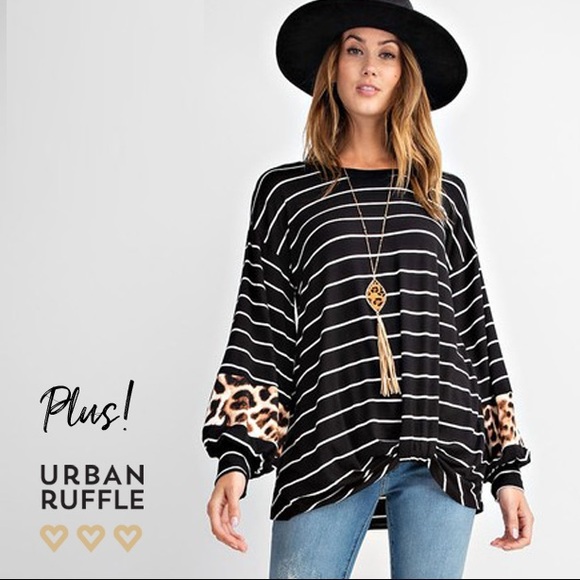 1X/2X/3X Striped Color Block Top with Animal Print - Picture 2 of 5